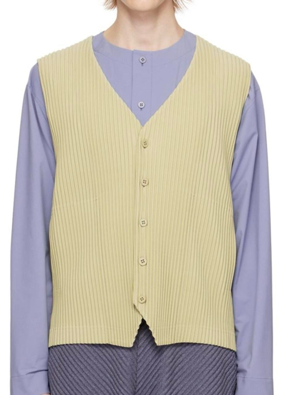 Homme Plisse Issey Miyake V‑Neck Button Front Vest in Light Green Pleatef Vest